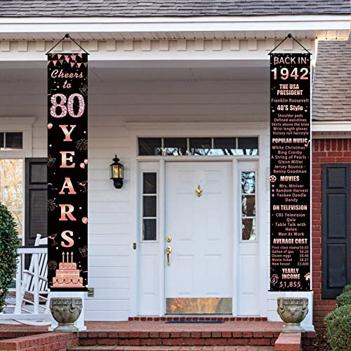 Pimvimcim 80th Birthday Door Banner Backdrop Decorations for Women, Rose Gold Cheers to 80 Years Back in 1942 Party Banner Supplies, Happy 80 Year Old Birthday Door Porch Sign Décor, Black