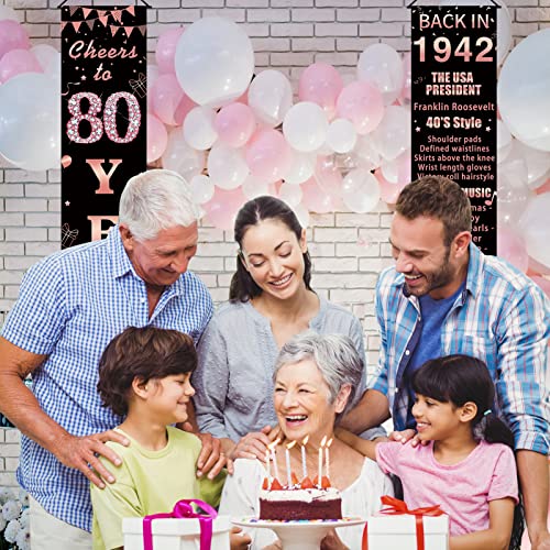 Pimvimcim 80th Birthday Door Banner Backdrop Decorations for Women, Rose Gold Cheers to 80 Years Back in 1942 Party Banner Supplies, Happy 80 Year Old Birthday Door Porch Sign Décor, Black