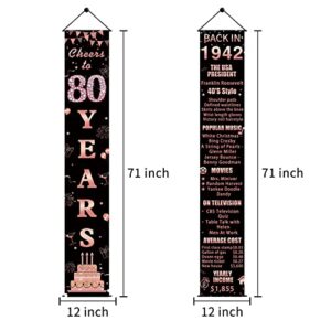 Pimvimcim 80th Birthday Door Banner Backdrop Decorations for Women, Rose Gold Cheers to 80 Years Back in 1942 Party Banner Supplies, Happy 80 Year Old Birthday Door Porch Sign Décor, Black