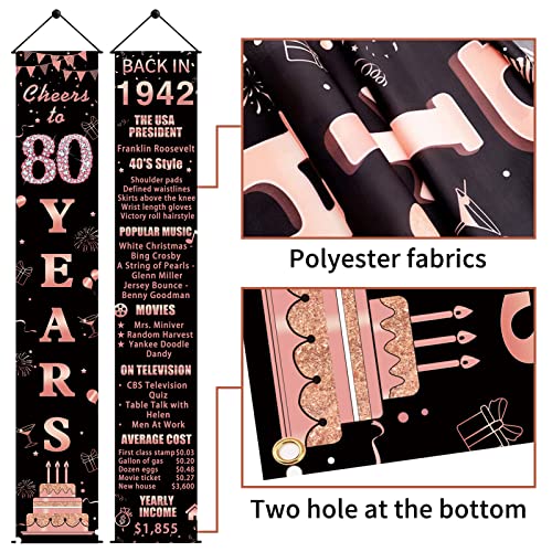 Pimvimcim 80th Birthday Door Banner Backdrop Decorations for Women, Rose Gold Cheers to 80 Years Back in 1942 Party Banner Supplies, Happy 80 Year Old Birthday Door Porch Sign Décor, Black