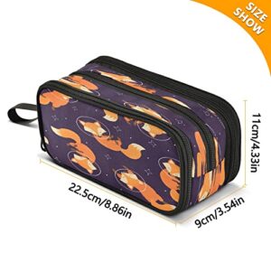 Fox Space Pencil Case 3 Compartment Pen Bag Pouch Holder Box for Office College School Portable Storage Bag for Kids