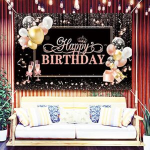 Rose Gold Happy Birthday Backdrop Banner,Happy Birthday Decoration Banner, Black and Rose Gold Happy Birthday Banner Sign, Happy Birthday Backdrop for Girls Women71 x 45 Inch