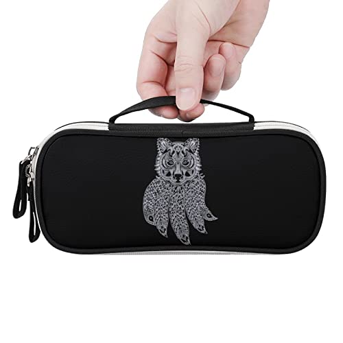 Wolf with Dreamcatcher PU Leather Pencil Pen Case Organizer Travel Makeup Handbag Portable Stationery Bag