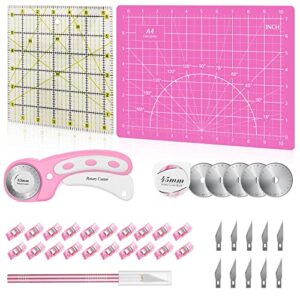 39 pcs rotary cutter set pink – quilting kit incl. 45mm fabric cutter with 5 extra blades, a4 cutting mat, craft knife set, quilting ruler and sewing clips, ideal for crafting, sewing, patchworking