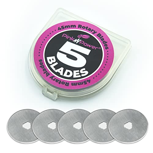 Pink Power 45mm Rotary Cutter Blades fit for PP212 Fabric Rotary Cutter Tool - 5 Pack of Rotary Blade with Plastic Storage Case, Rotary Replacement Blades for Quilting and Sewing