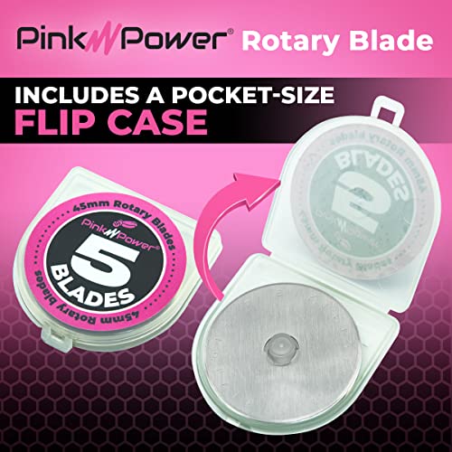 Pink Power 45mm Rotary Cutter Blades fit for PP212 Fabric Rotary Cutter Tool - 5 Pack of Rotary Blade with Plastic Storage Case, Rotary Replacement Blades for Quilting and Sewing