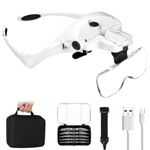 rechargeable headband magnifying glass with storage case, hands free head magnifier glasses with led light, 1x-1.5x-2x-2.5x-3.5x lighted magnifying headset for close work reading craft jewelers hobby