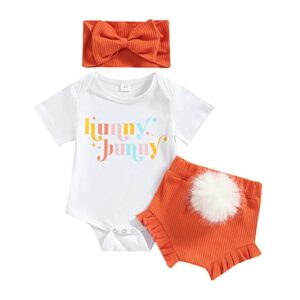 fiomva 3pcs easter outfit baby girl short sleeve hunny bunny romper bodysuit rabbit shorts headband my 1st easter clothes with tail