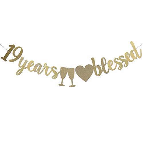 19 Years Blessed Gold Paper Sign Banner for Boy/Girl's 19th Birthday Party Supplies,Pre-Strung 19th Wedding Anniversary Party Decorations