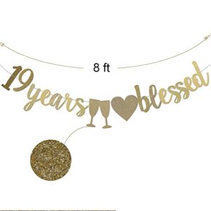 19 Years Blessed Gold Paper Sign Banner for Boy/Girl's 19th Birthday Party Supplies,Pre-Strung 19th Wedding Anniversary Party Decorations