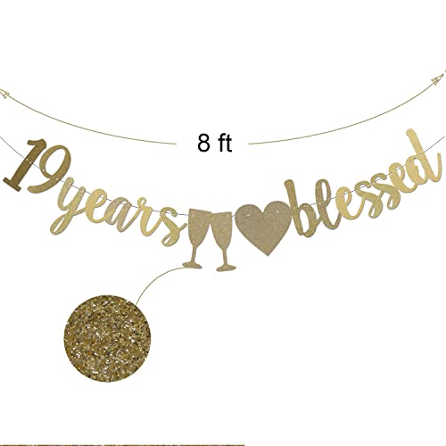 19 Years Blessed Gold Paper Sign Banner for Boy/Girl's 19th Birthday Party Supplies,Pre-Strung 19th Wedding Anniversary Party Decorations