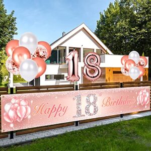 happy 18th birthday banner large yard sign banner with birthday balloons kit set rose gold cheer to 18 years old birthday party decorations supplies for girls photography backdrop decor