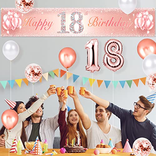 Happy 18th Birthday Banner Large Yard Sign Banner with Birthday Balloons Kit Set Rose Gold Cheer to 18 Years Old Birthday Party Decorations Supplies for Girls Photography Backdrop Decor