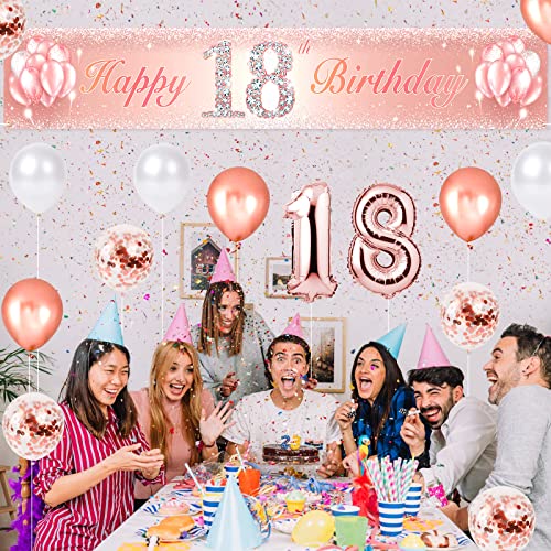 Happy 18th Birthday Banner Large Yard Sign Banner with Birthday Balloons Kit Set Rose Gold Cheer to 18 Years Old Birthday Party Decorations Supplies for Girls Photography Backdrop Decor