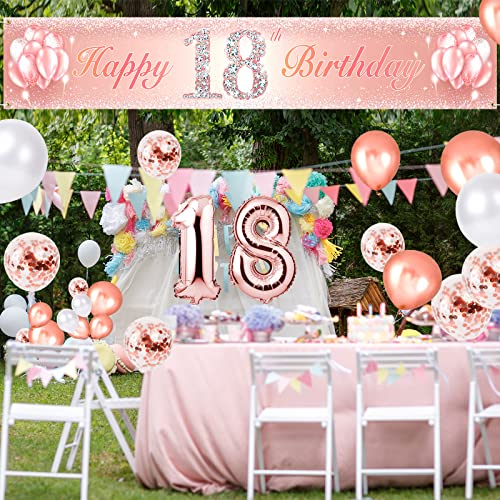 Happy 18th Birthday Banner Large Yard Sign Banner with Birthday Balloons Kit Set Rose Gold Cheer to 18 Years Old Birthday Party Decorations Supplies for Girls Photography Backdrop Decor