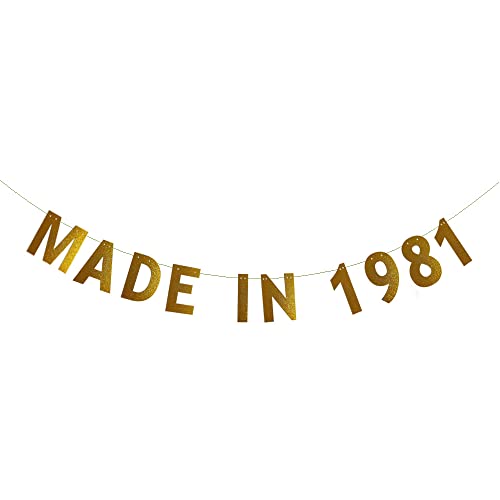 MADE IN 1981 Banner, Pre-Strung ,42ND Birthday Party Decorations Supplies, Gold Glitter Paper Garlands Backdrops, Letters Gold Betteryanzi