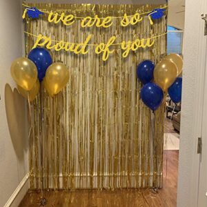 Blue We Are So Proud of You Banner Congratulations Grad Cap Gold Glitter Class of Garland Congrats Sign Party Decoration