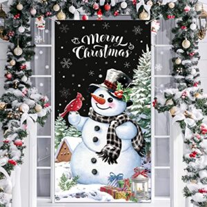 christmas snowman door cover merry christmas door decorations winter snowman backdrop background banner for front door porch xmas party decor supplies (black)
