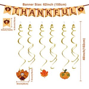 Ivenf Thanksgiving Decorations, 31 ct Turkey Pumpkin Fall Leaves Hanging Swirls and Thankful Banner, Maple Leaves Home Fireplace Decor Autumn Theme Party Supplies