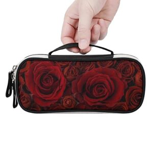 Red Rose PU Leather Pencil Pen Case Organizer Travel Makeup Handbag Portable Stationery Bag