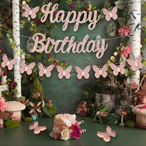 Butterfly Happy Birthday Banner Garland Rose Gold for Girls Butterfly Birthday Party, Fairy Garden Birthday Party Decoration Supplies Butterfly Hanging Garland