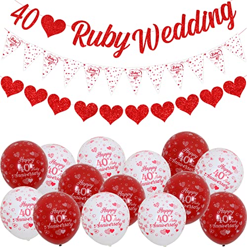 40th Anniversary Decorations Set, 40th Ruby Wedding Glitter Banners, 40th Anniversary Bunting Flag and Balloons for 40th Anniversary Party Supplies