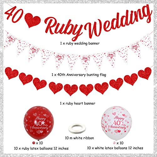 40th Anniversary Decorations Set, 40th Ruby Wedding Glitter Banners, 40th Anniversary Bunting Flag and Balloons for 40th Anniversary Party Supplies