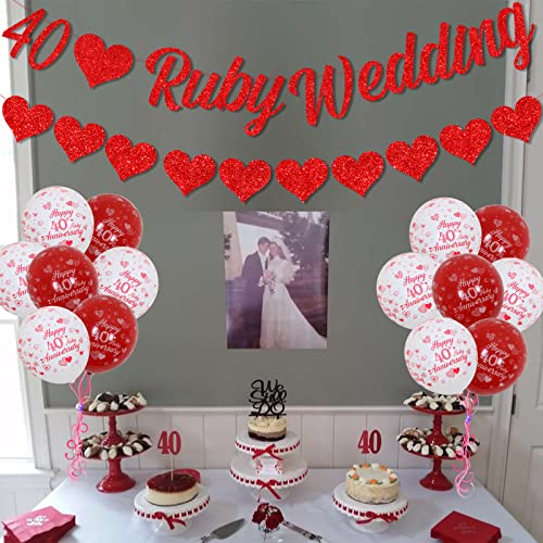 40th Anniversary Decorations Set, 40th Ruby Wedding Glitter Banners, 40th Anniversary Bunting Flag and Balloons for 40th Anniversary Party Supplies