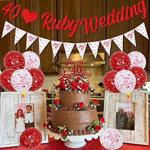 40th Anniversary Decorations Set, 40th Ruby Wedding Glitter Banners, 40th Anniversary Bunting Flag and Balloons for 40th Anniversary Party Supplies