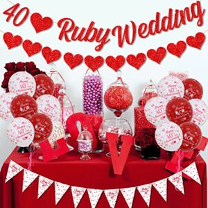 40th Anniversary Decorations Set, 40th Ruby Wedding Glitter Banners, 40th Anniversary Bunting Flag and Balloons for 40th Anniversary Party Supplies