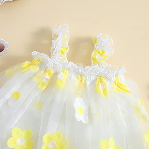 Kids Baby Girl Casual Cute Summer A Line Princess Dress Sleeveless Strap Floral Layered Tulle Tutu Skirts (Yellow, 12-18 Months)