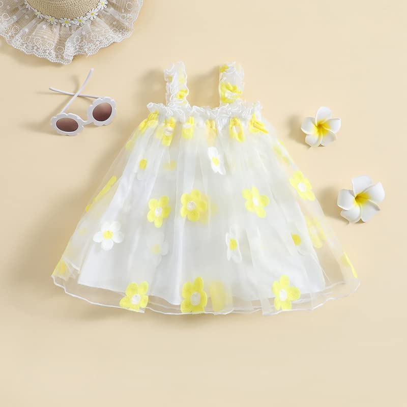 Kids Baby Girl Casual Cute Summer A Line Princess Dress Sleeveless Strap Floral Layered Tulle Tutu Skirts (Yellow, 12-18 Months)