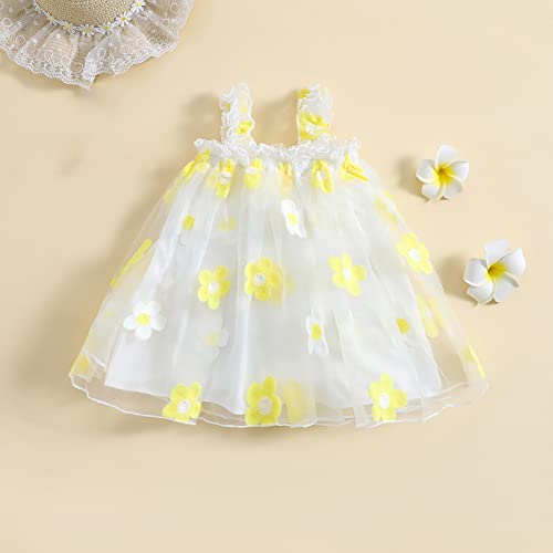 Kids Baby Girl Casual Cute Summer A Line Princess Dress Sleeveless Strap Floral Layered Tulle Tutu Skirts (Yellow, 12-18 Months)