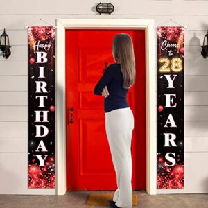 Happy 28th Birthday Porch Sign Door Banner Decor Red and Black – Glitter Cheers to 28 Years Old Birthday Party Theme Decorations for Men Women Supplies