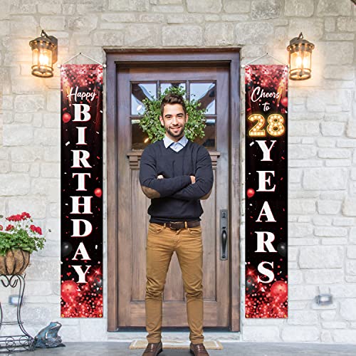 Happy 28th Birthday Porch Sign Door Banner Decor Red and Black – Glitter Cheers to 28 Years Old Birthday Party Theme Decorations for Men Women Supplies