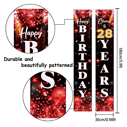 Happy 28th Birthday Porch Sign Door Banner Decor Red and Black – Glitter Cheers to 28 Years Old Birthday Party Theme Decorations for Men Women Supplies