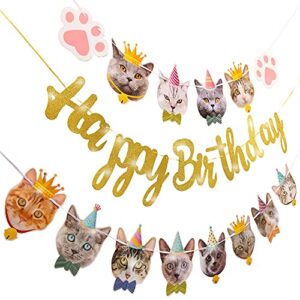 cat birthday party decoration cat faces banner gold glitter happy birthday banner for meow kitty theme birthday party baby shower supplies