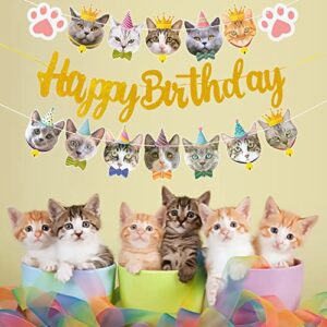 Cat Birthday Party Decoration Cat Faces Banner Gold Glitter Happy Birthday Banner for Meow Kitty Theme Birthday Party Baby Shower Supplies