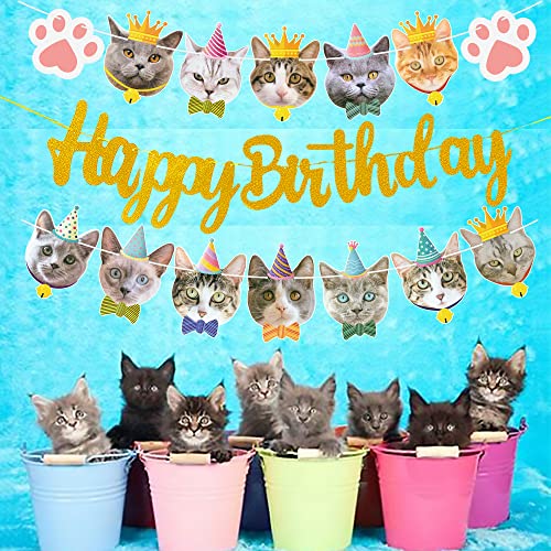 Cat Birthday Party Decoration Cat Faces Banner Gold Glitter Happy Birthday Banner for Meow Kitty Theme Birthday Party Baby Shower Supplies