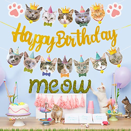 Cat Birthday Party Decoration Cat Faces Banner Gold Glitter Happy Birthday Banner for Meow Kitty Theme Birthday Party Baby Shower Supplies