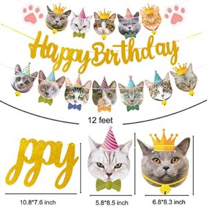 Cat Birthday Party Decoration Cat Faces Banner Gold Glitter Happy Birthday Banner for Meow Kitty Theme Birthday Party Baby Shower Supplies