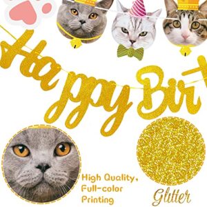 Cat Birthday Party Decoration Cat Faces Banner Gold Glitter Happy Birthday Banner for Meow Kitty Theme Birthday Party Baby Shower Supplies