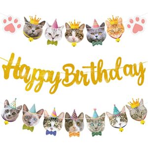 Cat Birthday Party Decoration Cat Faces Banner Gold Glitter Happy Birthday Banner for Meow Kitty Theme Birthday Party Baby Shower Supplies