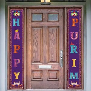 Vohado Happy Purim Porch Banner Jewish Holiday Wall Hanging Flag Yard Sign Seder Purim Carnival Party Circus Clown Welcome Sign Indoor Outdoor Door Hanging Porch Sign Front Door Holiday Party Decor