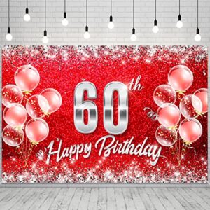 red and silver happy 60th birthday backdrop banner decorations for women men 60 years old bday background photography party decor sign supplies