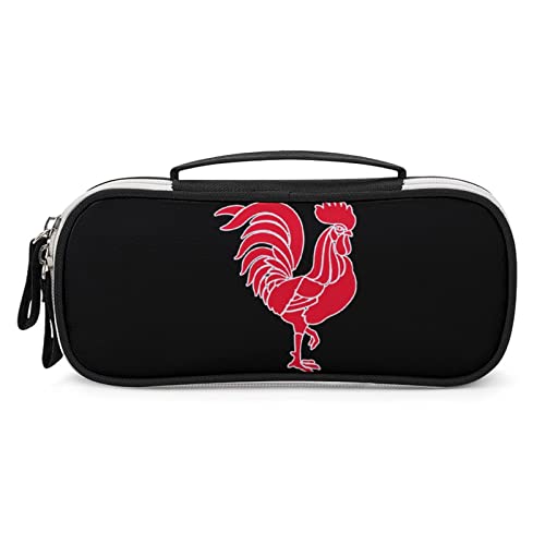 Red Cock Rooster PU Leather Pencil Pen Case Organizer Travel Makeup Handbag Portable Stationery Bag