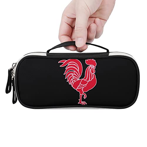 Red Cock Rooster PU Leather Pencil Pen Case Organizer Travel Makeup Handbag Portable Stationery Bag