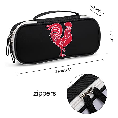 Red Cock Rooster PU Leather Pencil Pen Case Organizer Travel Makeup Handbag Portable Stationery Bag