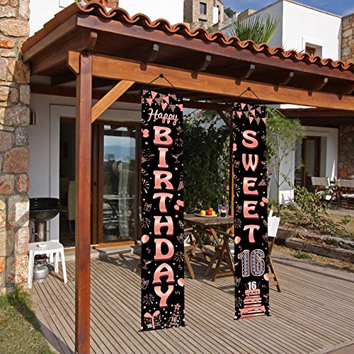 Luxiocio Happy 16th Birthday Banner Decorations for Girls, Sweet 16 Year Old Birthday Welcome Porch Sign, Rose Gold Sixteen Birthday Party Supplies for Outdoor Indoor