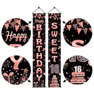 Luxiocio Happy 16th Birthday Banner Decorations for Girls, Sweet 16 Year Old Birthday Welcome Porch Sign, Rose Gold Sixteen Birthday Party Supplies for Outdoor Indoor